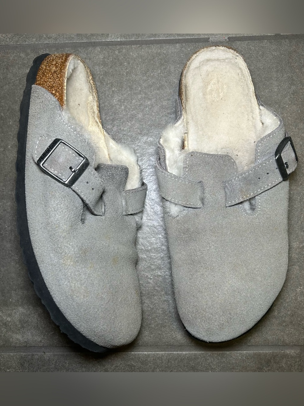 Birkenstock Boston Shearling Lined Gray Suede Slip On Clogs Women’s Shoe Size 9